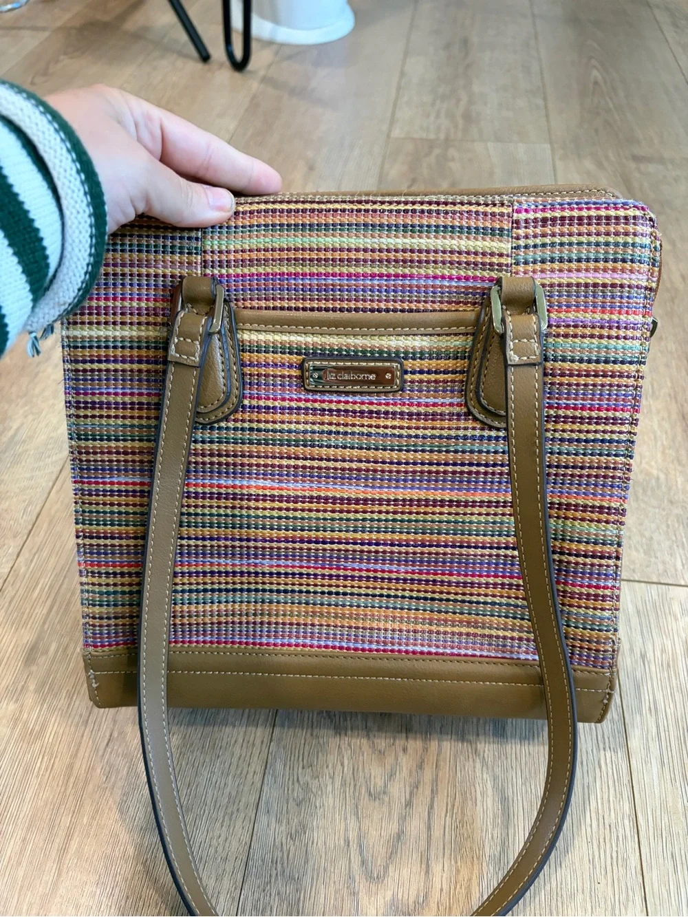 Vintage Liz Claiborne Multicolor Woven Stripe Tote Bag Shoulder Purse